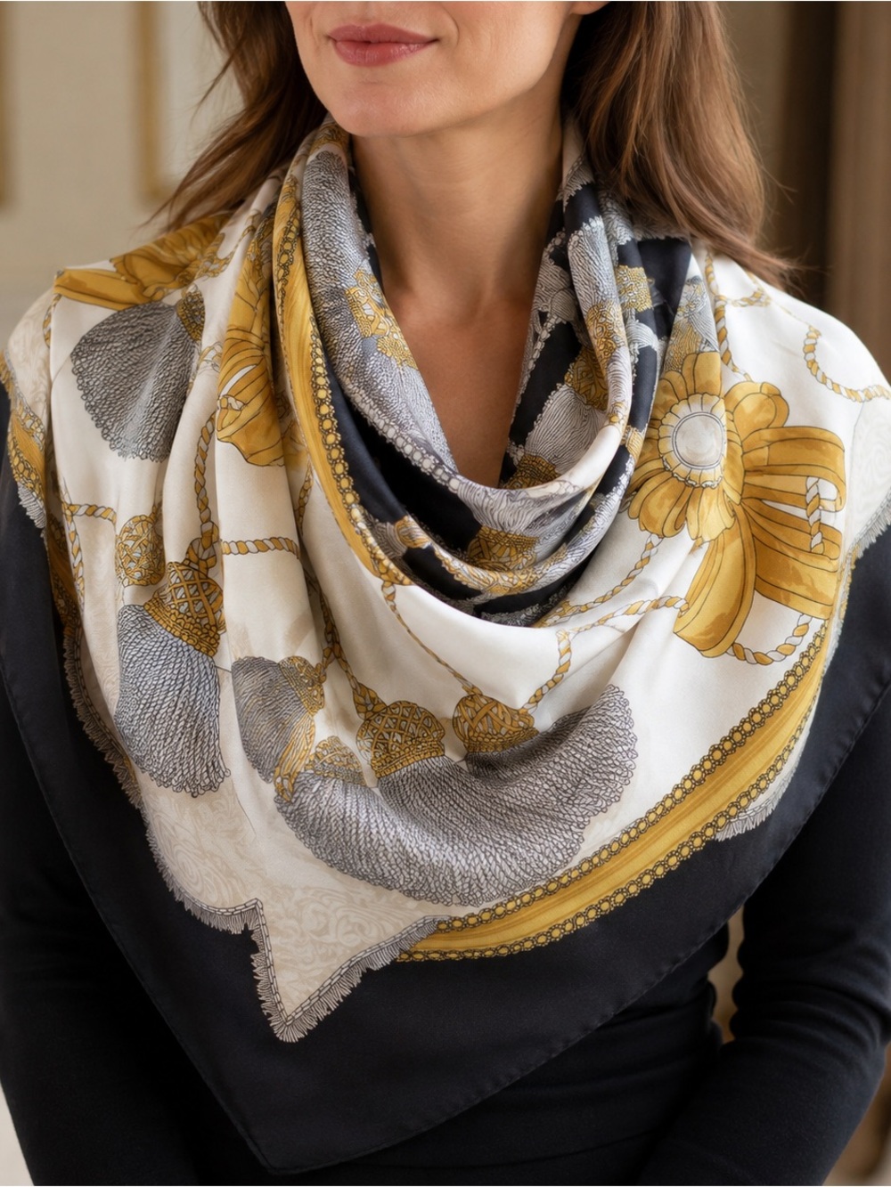 Italian 100% Silk Tassel Print Square Scarf 33” x 33”